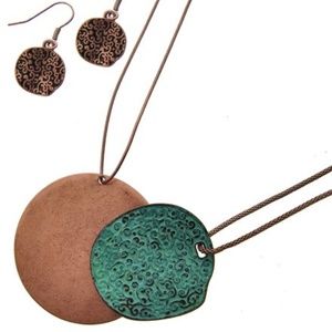 Long copper and patina disk necklace